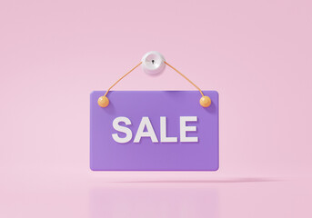 Minimal label sale purple icon on pink background Shopping online concept. discount, promotion, sale, banner, website. 3d render illustration.