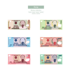 Vietnam Dong Vector Illustration. Vietnamese money set bundle banknotes. Paper money 10000, 20000, 50000, 100000, 200000, 500000 VND. Flat style. Isolated on white background. Simple minimal design.