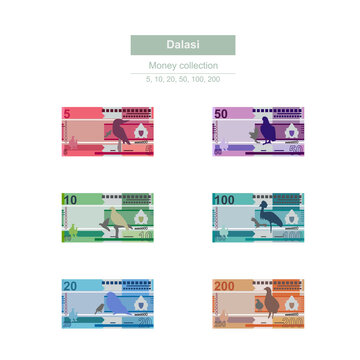 Gambian Dalasi Vector Illustration. The Gambia money set bundle banknotes. Paper money 5, 10, 20, 50, 100, 200 GMD. Flat style. Isolated on white background. Simple minimal design.