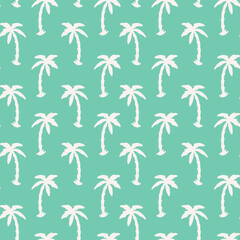 Obraz premium Palm tree seamless repeat pattern. Hand drawn, vector arecaceae perennial flowering plants all over print on cool green background.