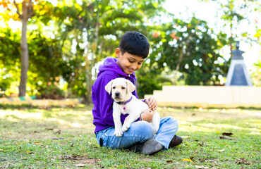 focus on dog, Young Indian Kid playing by holding puppy dog at park - concpet companion,...