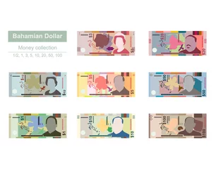 Foto op Plexiglas Bahamian Dollar Vector Illustration. The Bahamas money set bundle banknotes. Paper money 1/2, 1, 3, 5, 10, 20, 50, 100 BSD. Flat style. Isolated on white background. Simple minimal design. © zhu