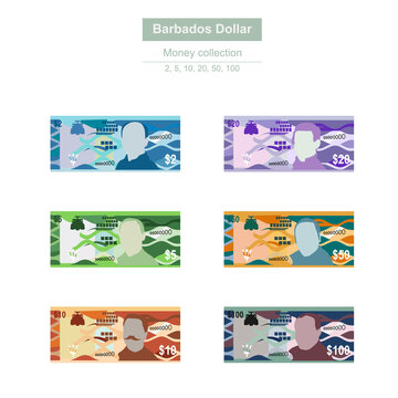 Barbados Dollar Vector Illustration. Barbadian money set bundle banknotes. Paper money 2, 5, 10, 20, 50, 100 BBD. Flat style. Isolated on white background. Simple minimal design.