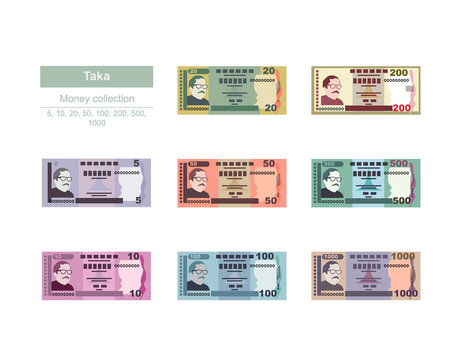 Bangladeshi Taka Vector Illustration. Bangladesh money set bundle banknotes. Paper money 5, 10, 20, 50, 100, 200, 500, 1000 BDT. Flat style. Isolated on white background. Simple minimal design.