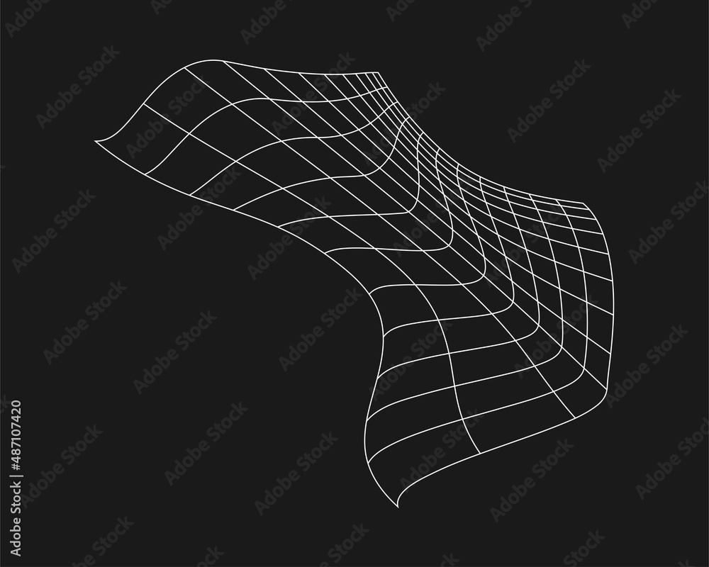 Poster cyber distorted grid, retro punk design element. wireframe wave geometry grid on black background. v