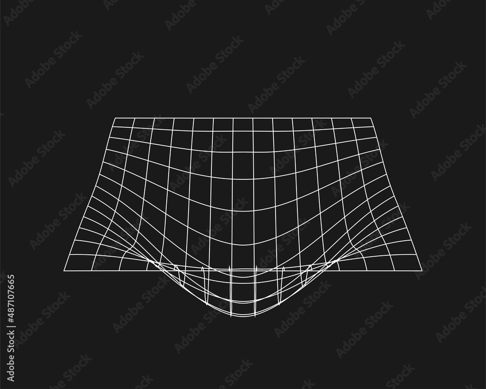 Poster cyber distorted grid, retro punk design element. wireframe wave geometry grid on black background. v