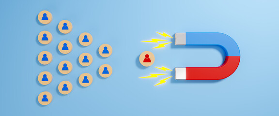 Strong magnet is target personnel recruitment and a magnet attracts good employee leader on blue background, search for required people and workers with the necessary talents and skills, 3d rendering