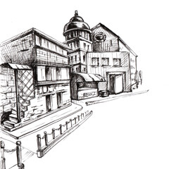508_exterior, outline_sketch of the street, house, quick drawing with a black pen on a white background