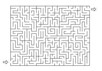 Rectangle labyrinth with entry and exit. Line maze game. Hard -Medium complexity. Kids maze puzzle, vector illustration