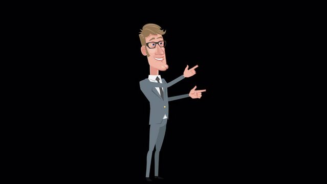 Cartoon elegant businessman character pointing fingers gesture animation with alpha channel