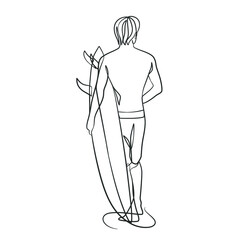 Continuous line drawing of a surfer with a surfboard