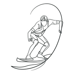 Continuous line drawing of a surfer with a surfboard