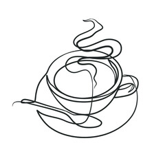 Continuous line drawing a cup of coffee or tea