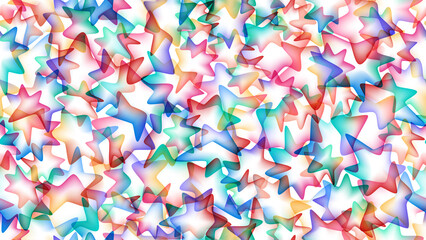 Abstract multicolored seamless pattern of overlapping transparent stars with gradient fill on a white background. Vector illustration.