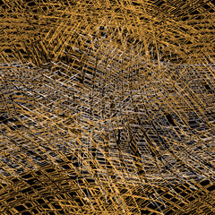 Seamless pattern with  intersecting rough holed net elements in white, yellow, brown, orange colors on black background
