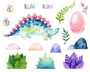 Watercolor cute baby dinosaurs illustration. Stegosaurus, baby dino isolated. Tropical leaves, palm tree, volcano, dino eggs, jurassic hand drawn clipart. Cute animal illustration for kids. © NastiaVik