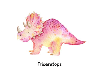 Watercolor cute baby dinosaurs illustration. Triceratops, baby dino isolated. Jurassic prehistoric hand drawn clipart. Cute animal illustration for kids © NastiaVik