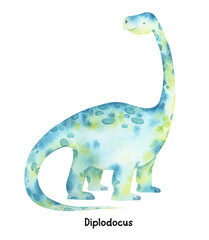 Watercolor cute baby dinosaurs illustration. Diplodocus, baby dino isolated. Jurassic prehistoric hand drawn clipart. Cute animal illustration for kids