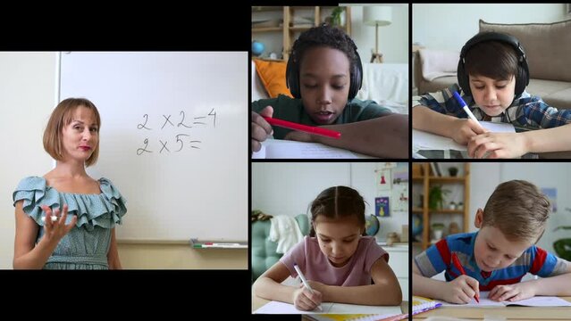 Conference call on screens woman writing on blackboard and children listening to lecture spbas spbd. View on displays female tutor teaches mathematics and talks to children, they write in notebook and