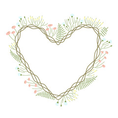 Heart-shaped spring floral card design. Delicate spring flowers and coarse weaving of twigs to decorate the postcard. Spring and summer seasons. Flat vector illustration.