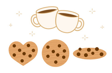 Vector Illustration - White Coffee Cup and Chocolate Round Biscuits and Heart Biscuits Material Set