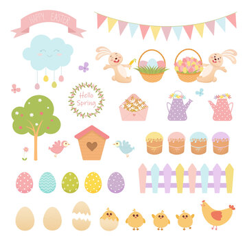 Cute spring collection with easter eggs, flowers, easter cakes chicken, bunnies and birds