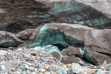 An amazing view on the Shkhara Glacier in the Greater Caucasus Mountain Range in Georgia, Svaneti Region, Ushguli. Snow-capped mountains. Mount Shkhara. Melting Glacier. Climate change. Ice, cold.