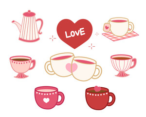 Valentine's day pink and red coffee cups and tea cups, icon and love for lovers
