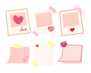 Hand drawn style valentine photo frame with pink heart and memo note paper vector illustration