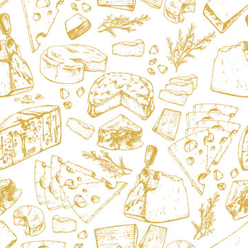 502_CHEESE, different varieties cheese, set of graphic images, seamless pattern, yellow, white,