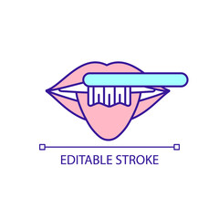 Brushing tongue RGB color icon. Breath improvement. Removing sticky plaque. Gum disease prevention. Isolated vector illustration. Simple filled line drawing. Editable stroke. Arial font used