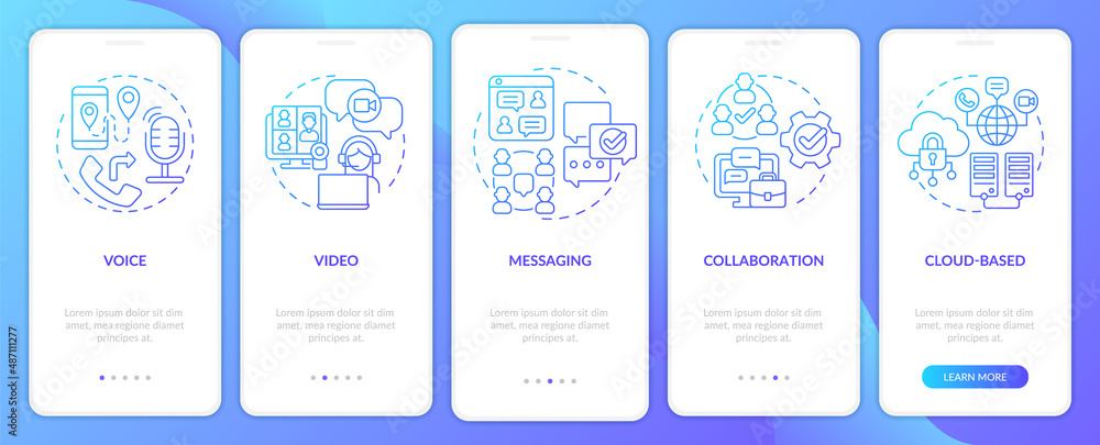 Poster ucaas functions blue gradient onboarding mobile app screen. connection walkthrough 5 steps graphic i