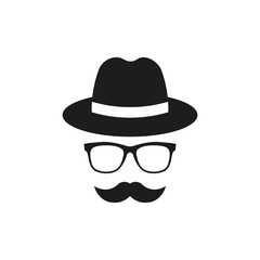Fedora hat, glasses and mustache icon. Vector. Flat design.
