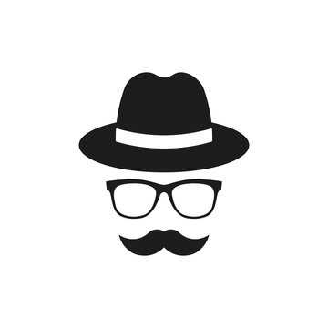 Fedora hat, glasses and mustache icon. Vector. Flat design.