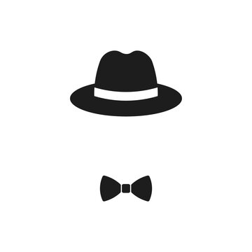 Fedora hat and bow tie icon. Vector. Flat design.