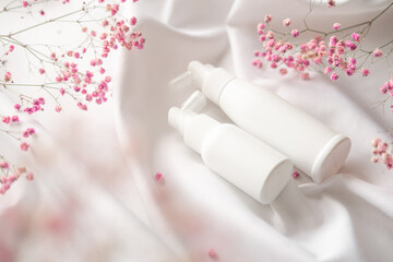 Pure white, plastic, container with a dispenser. Packaging, Template of a bottle for cosmetics, antiseptic,with detergents and chemical cleaning products, for medical and cosmetic products