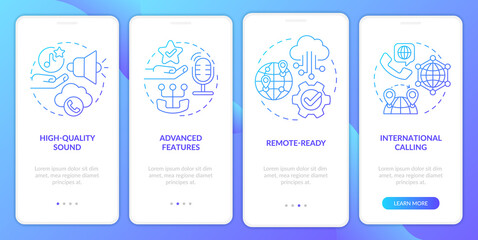 Benefits of VOIP blue gradient onboarding mobile app screen. IP telephony walkthrough 4 steps graphic instructions pages with linear concepts. UI, UX, GUI template. Myriad Pro-Bold, Regular fonts used