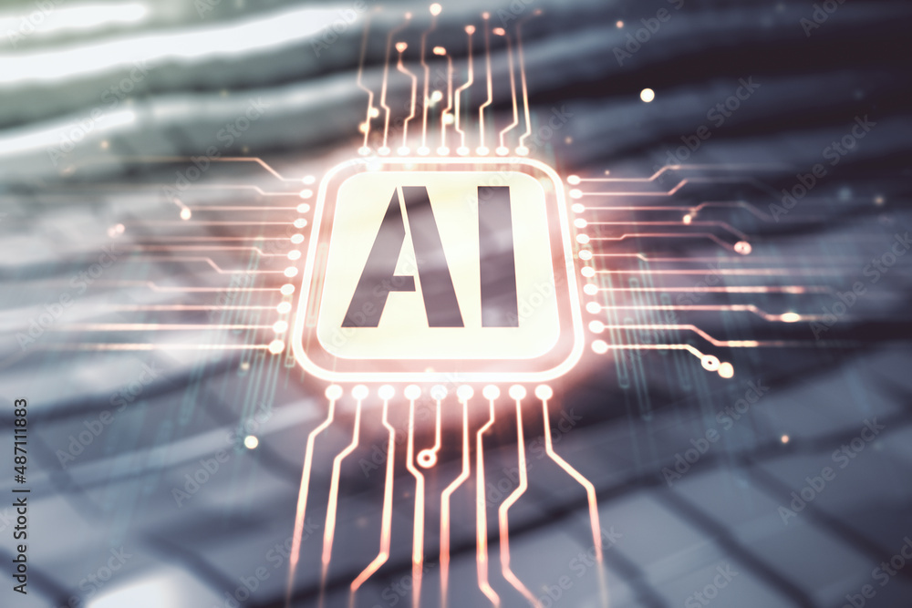 Aufkleber Abstract virtual artificial Intelligence symbol hologram on blurry abstract metal background. Multiexposure