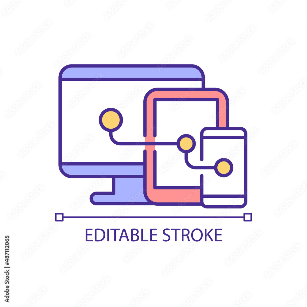 Poster Devices synchronization RGB color icon. Access to personal information. Digital information exchange. Isolated vector illustration. Simple filled line drawing. Editable stroke. Arial font used