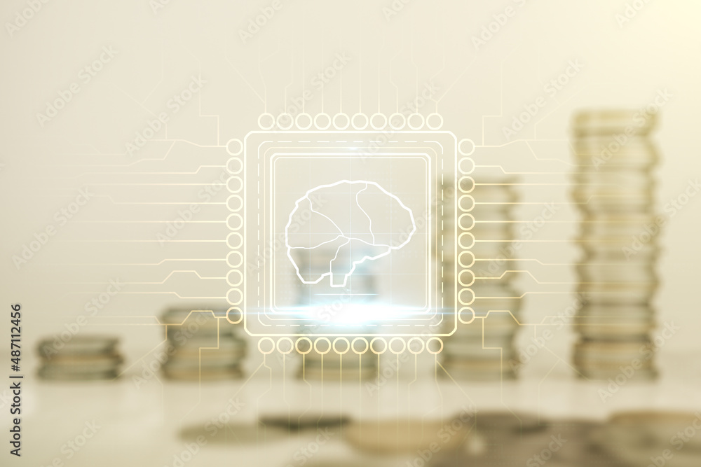Poster double exposure of creative artificial intelligence interface on growing stacks of coins background.