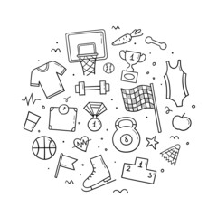 Hand drawn set of Sports items. Round composition. Doodle sketch style. Vector illustration.