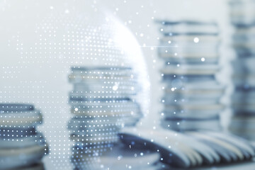 Multi exposure of abstract creative digital world map hologram on stacks of coins background, tourism and traveling concept