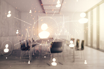 Abstract virtual social network concept on a modern conference room background. Multiexposure