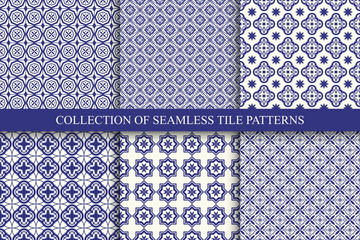 Collection of vector seamless ornamental geometric patterns - blue and white tile textures. Vector repeatable backgrounds
