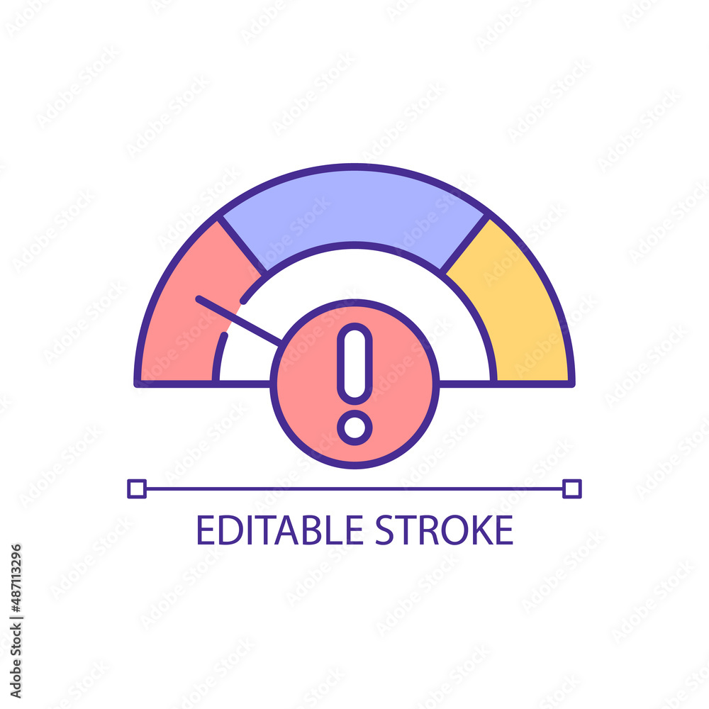Poster low level warning rgb color icon. scale with colored sector and exclamation mark. measure tool. isol