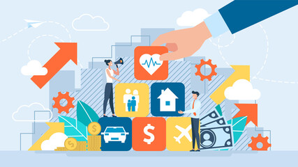 Protection of values. Insurance and Assurance. Life, property, car, health, family, travel, home, business insurance concept. Broker agent. Family protection care. Flat design. Vector illustration.