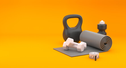 Fitness gym concept, kettle ball, gym dumbbell, fitness mat, bottle on red background, muscle exercise, bodybuilding or fitness concept. Gym equipment. 3D rendering