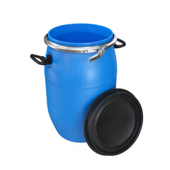 Plastic barrel with open lid blue on white background, 3d render
