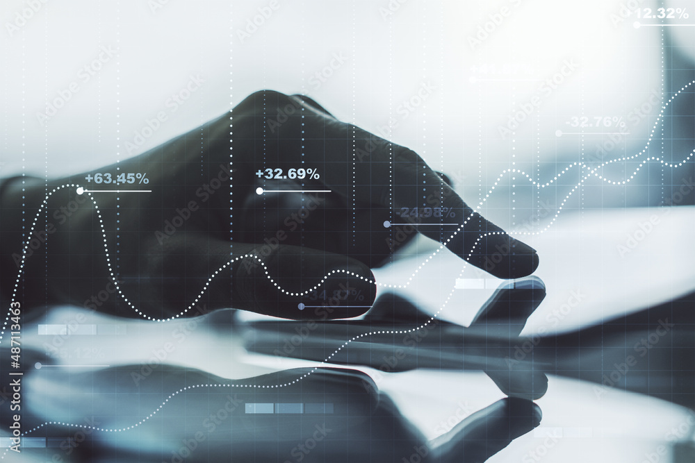 Poster multi exposure of stats data illustration with finger presses on a digital tablet on background, com