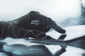 Multi exposure of stats data illustration with finger presses on a digital tablet on background, computing and analytics concept